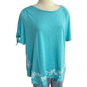 St Johns Bay Womens 0X Plus Aqua Embroidered Floral Short Sleeve Top